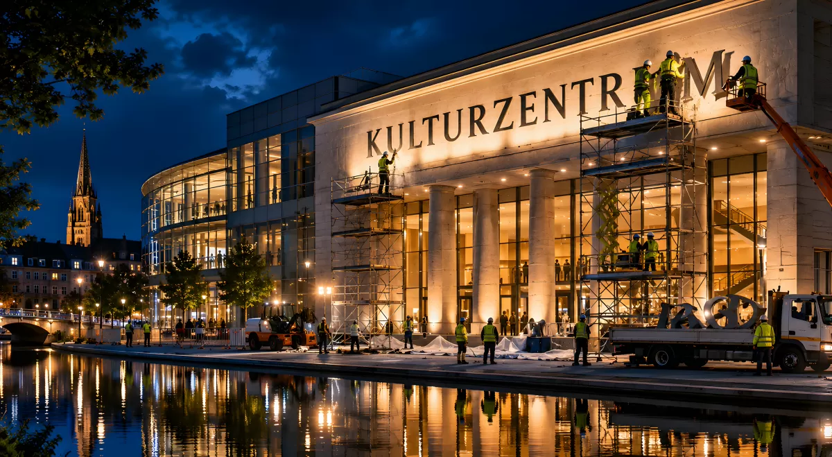 Kulturzentrum bei Nacht mit Bauarbeiten am Wasser