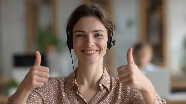 Kundenbetreuerin lächelt mit Daumen hoch in Büroumgebung