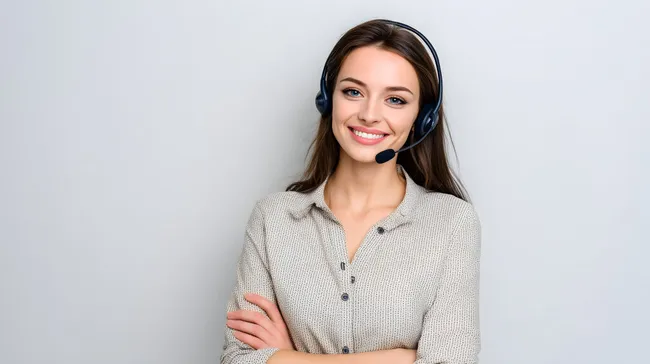 Kundenservice-Agentin mit Headset lächelnd vor weißem Hintergrund