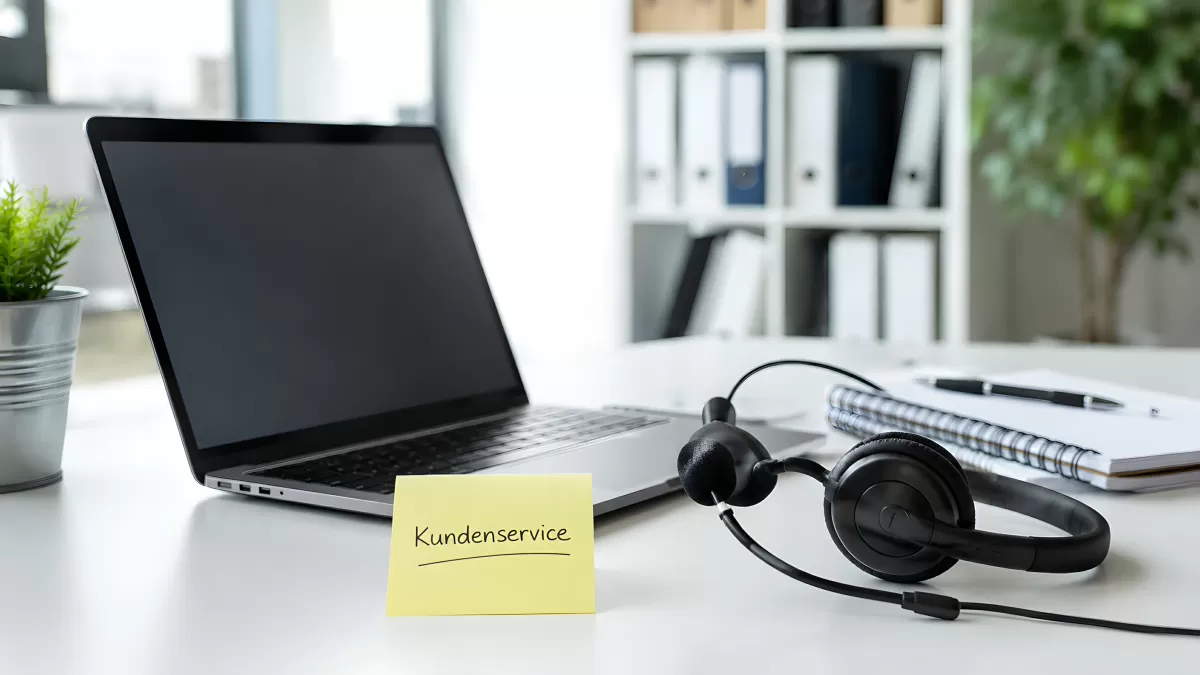 Kundenservice Arbeitsplatz mit Headset und Laptop