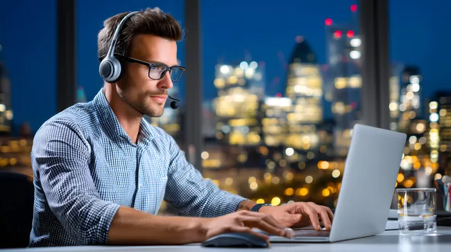 Kundenservice-Mitarbeiter bei Nachtarbeit an Laptop