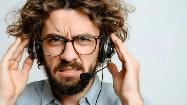 Kundenservice-Mitarbeiter mit Kopfhörern und frustrierter Mimik