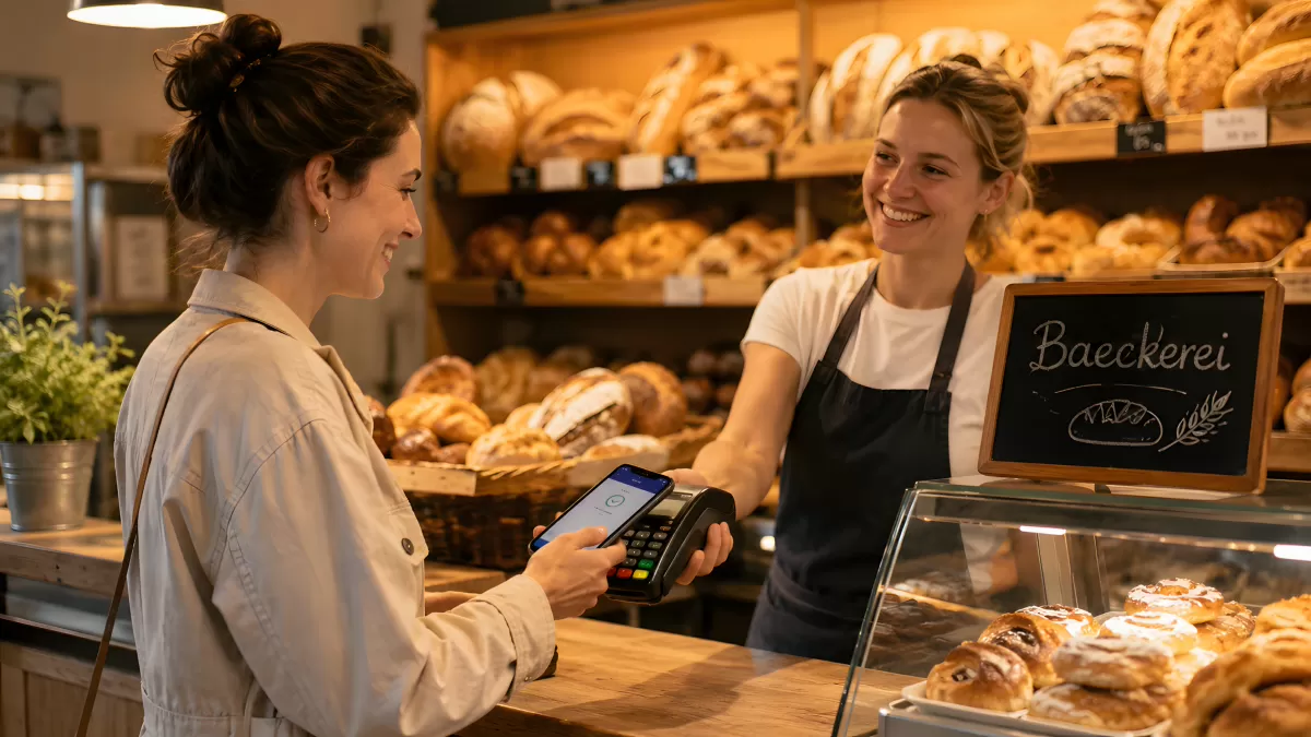 Kundin zahlt kontaktlos in einer gemütlichen Bäckerei
