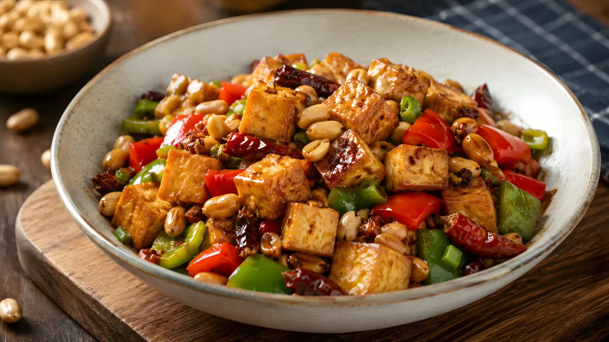 Kung Pao Tofu mit Paprika und Erdnüssen in Schüssel