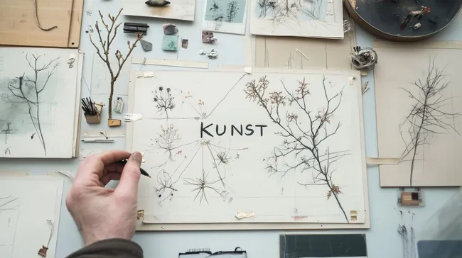 Kunst-Collage mit botanischen Zeichnungen und Objekten