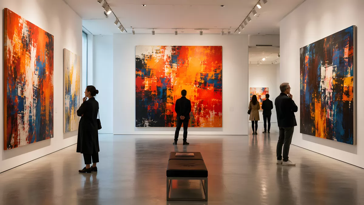 Kunstbegeisterte vor abstrakten Bildern in Galerie