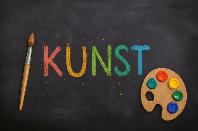 Kunstpalette und Tafel mit bunter Kreideaufschrift