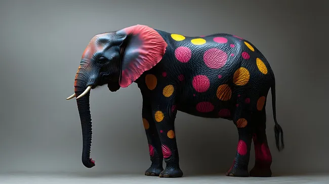 Kunstvoll bemalter Elefant mit bunten Punkten