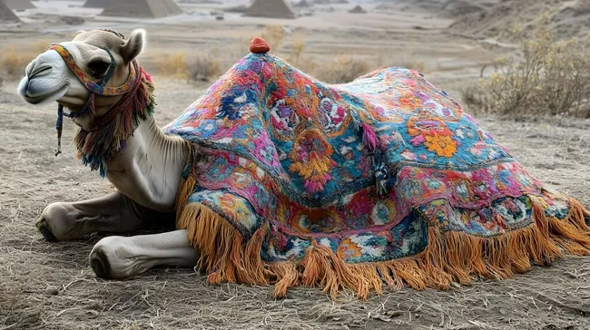 Kunstvoll bemaltes Kamel in der Wüste