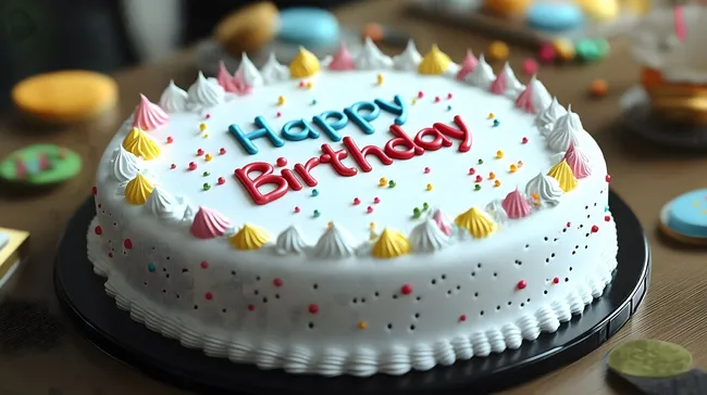 Kunstvoll dekorierte Geburtstagstorte mit farbigen Verzierungen