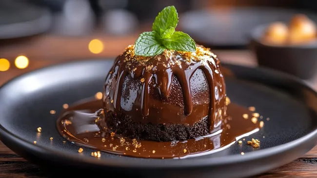 Kunstvoll dekorierter Schokoladenkuchen mit Minze und Goldstaub