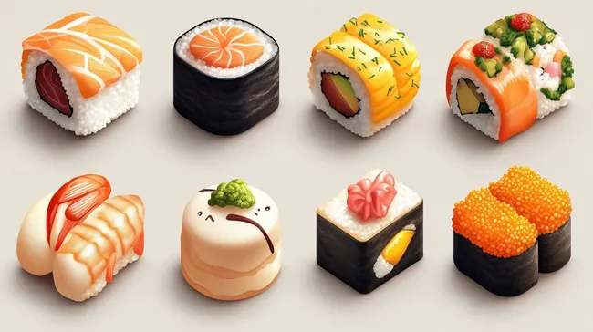 Kunstvoll dekoriertes japanisches Sushi-Set in Nahaufnahme