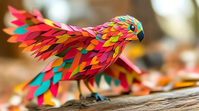 Kunstvoll gefertigter, bunter Papageiendekor auf Ast