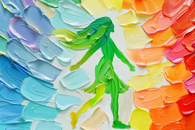 Kunstvoll gestaltete, bunte Figur vor farbenfrohem Hintergrund