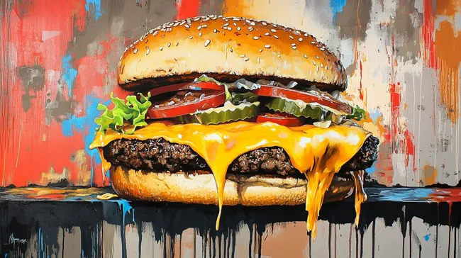 Kunstvoll gestalteter Cheeseburger mit schmelzendem Käse