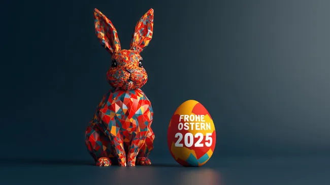 Kunstvoll gestalteter Osterhase für 2025 auf dunklem Hintergrund