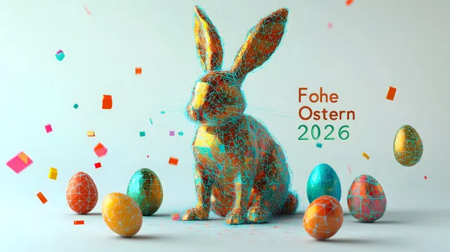 Kunstvoll gestalteter Osterhase vor buntem Hintergrund