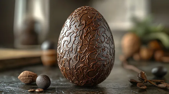 Kunstvoll verziertes Schokoladen-Osterei mit Nüssen