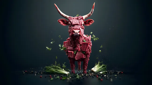 Kunstvolle Fleischskulptur mit Kräutern auf dunklem Hintergrund