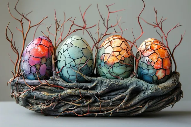 Kunstvolle Ostereier in rustikalem Vogelnest