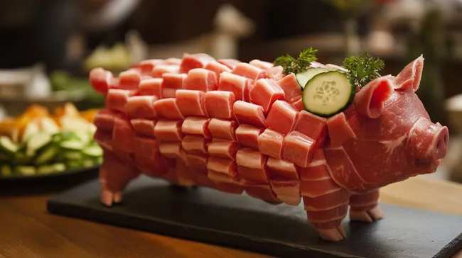 Kunstvolle Schweinefleischskulptur in würziger Optik