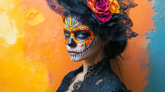 Kunstvolle Tag der Toten Maske mit Blumen