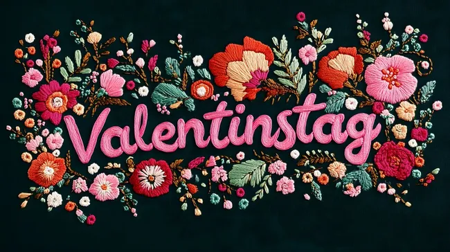 Kunstvolle Valentinstags-Stickerei mit bunten Blumen