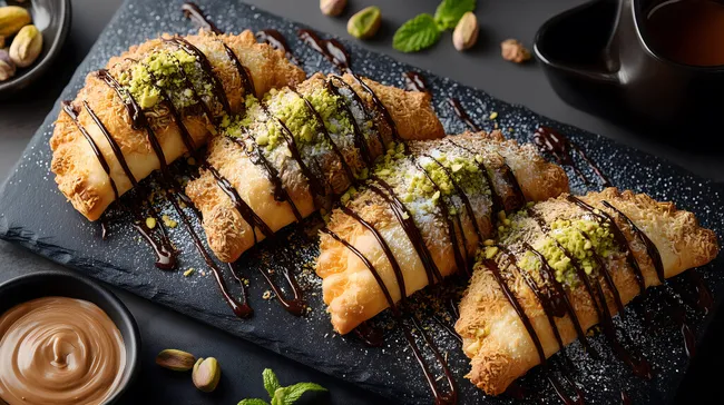 Kunstvoller Baklava mit Schokoladenglasur und Pistazien