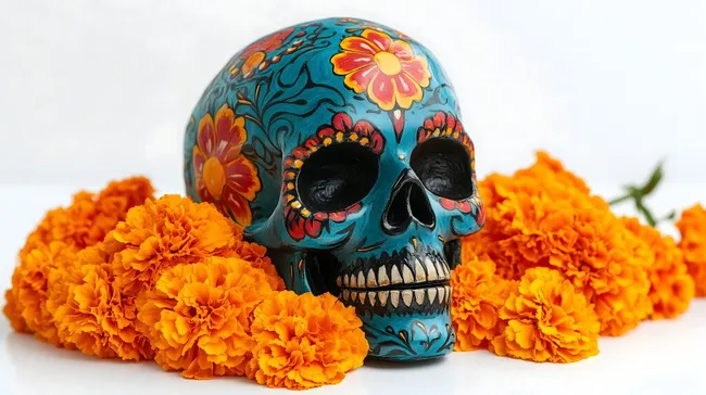 Kunstvoller Tag der Toten Totenkopf mit Blumen