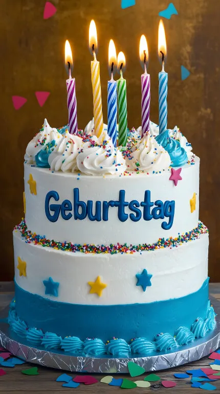 Kunterbunte Geburtstagstorte mit Kerzen und Streuseln