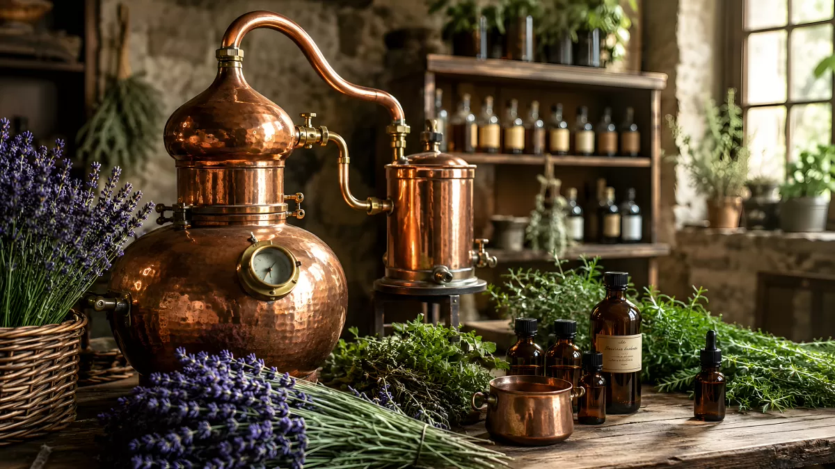 Kupferbrennerei mit Lavendel und Kräutern im Landhausstil