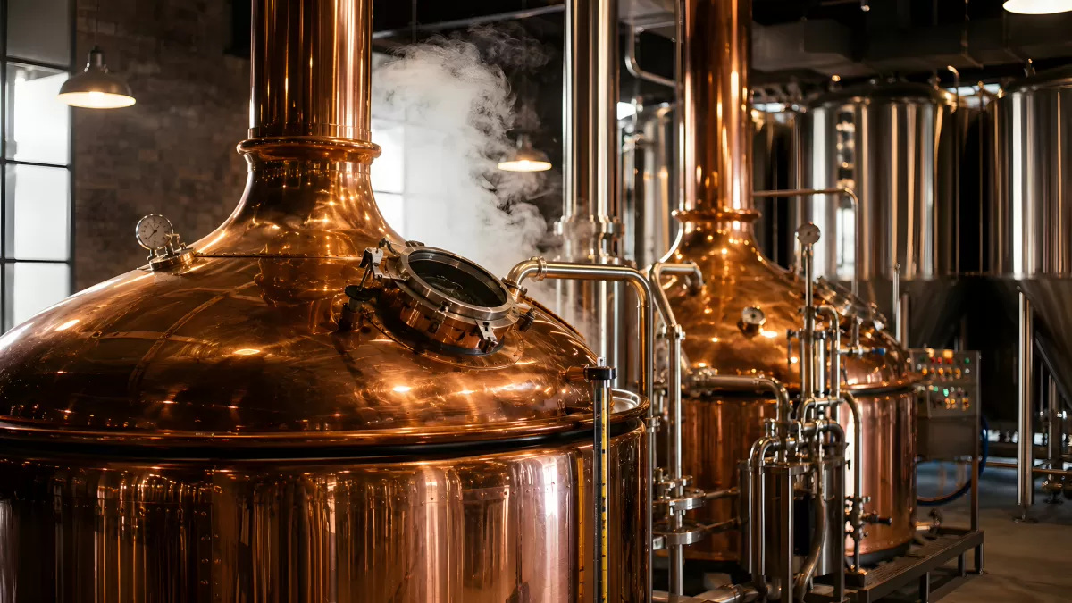 Kupferkessel in einer modernen Brauerei im Betrieb