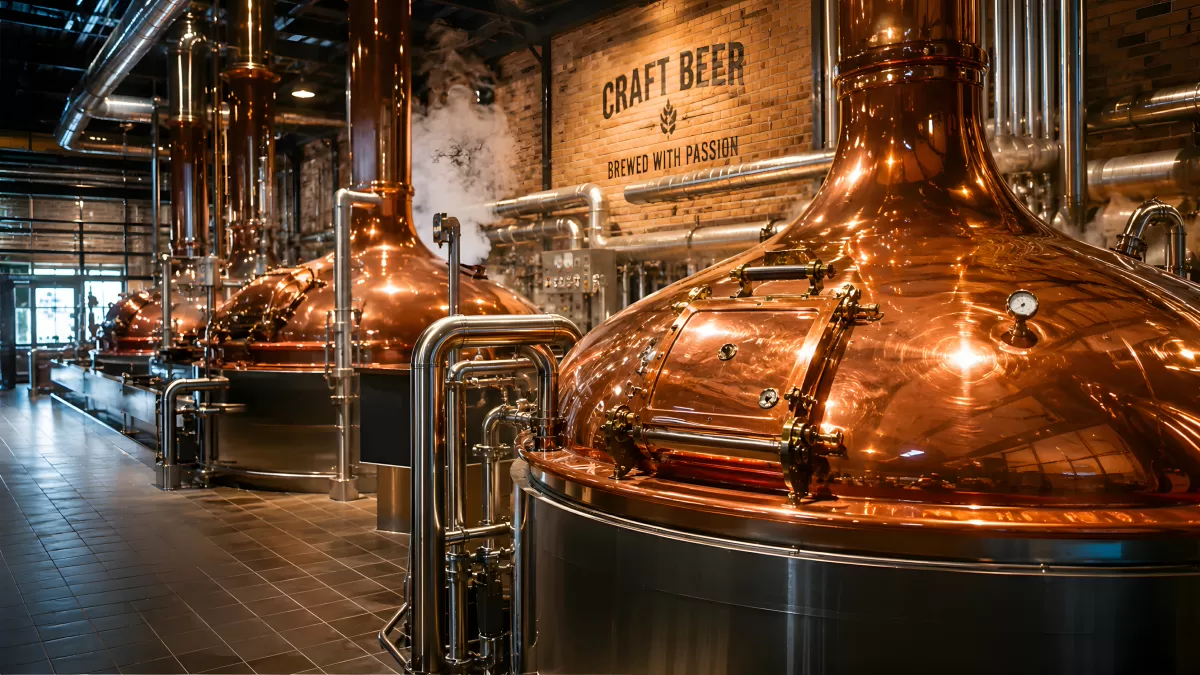 Kupferkessel in einer modernen Craft-Beer-Brauerei