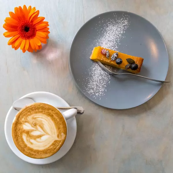 Kürbiskuchen auf einem Teller und eine Tasse Cappuccino mit einer Blume in der Aufsict