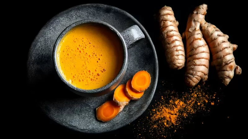 Kurkuma Tee mit frischer Wurzel und Scheiben auf dunklem Hintergrund