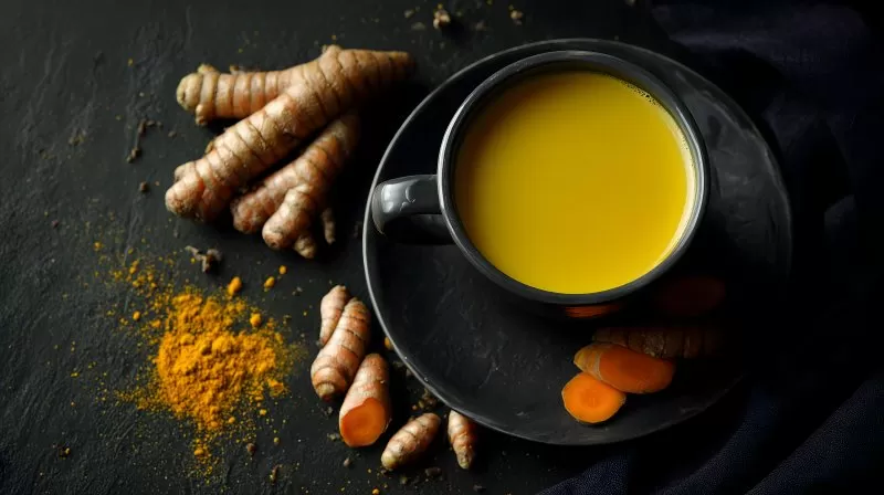 Kurkumatee mit ganzen Wurzeln und Pulver auf schwarzer Unterlage