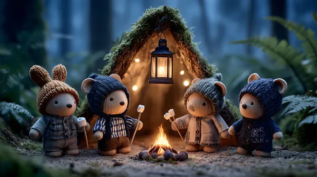 Kuschelige Plüschbären genießen gemütlichen Lagerfeuerabend