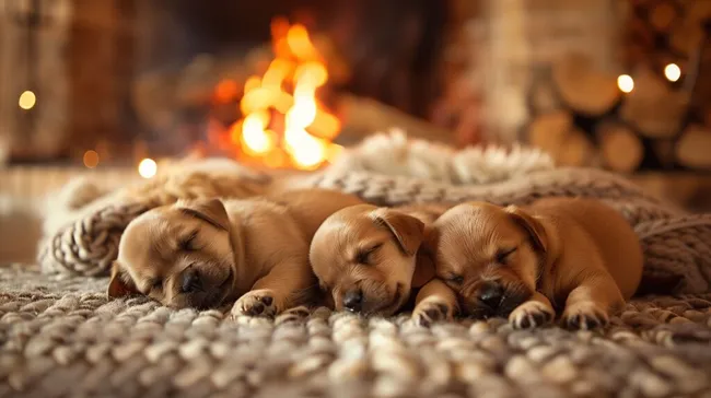 Kuschelige Welpen vor einem Kaminfeuer
