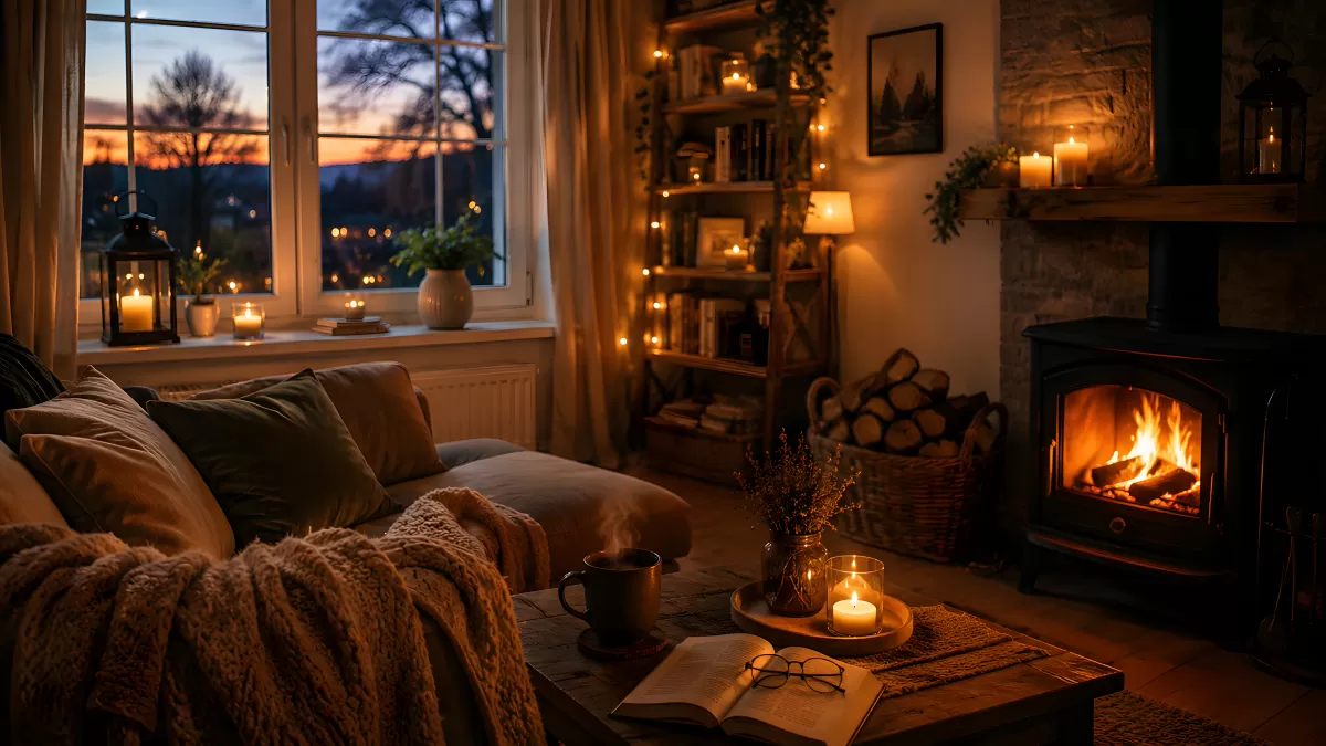 Kuscheliges Wohnzimmer mit Kamin und Kerzen