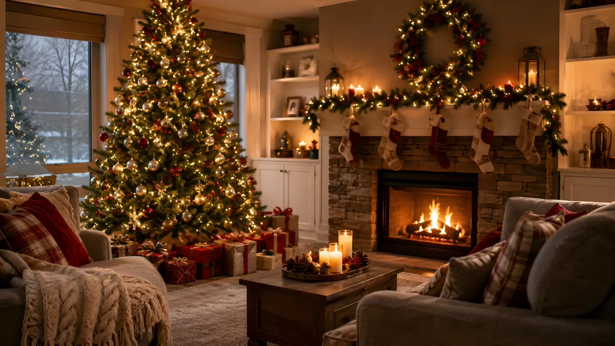 Kuscheliges Wohnzimmer mit Kamin und Weihnachtsbaum