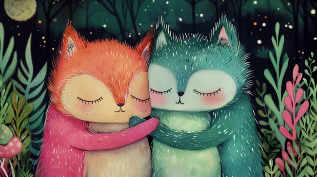 Kuschelnde Waldtiere in fantasievoller Nacht