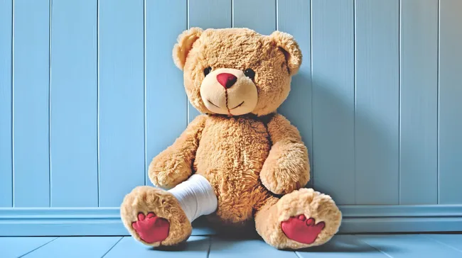 Kuscheltier Teddybär mit Verband am Bein