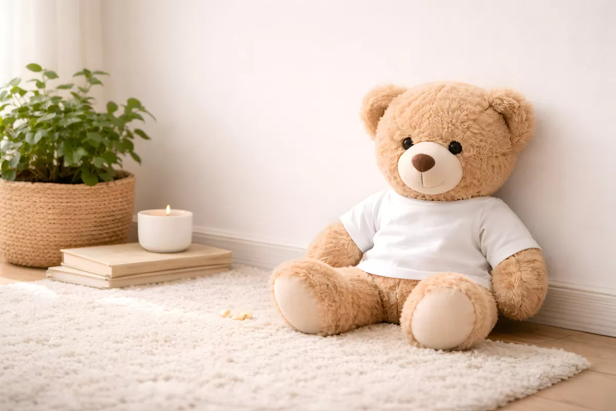 Kuscheltier Teddybär sitzt auf weißem Flokati