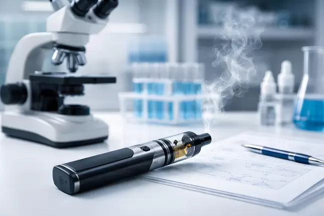 Laboranalyse mit Mikroskop und Dampfendem E-Zigarette