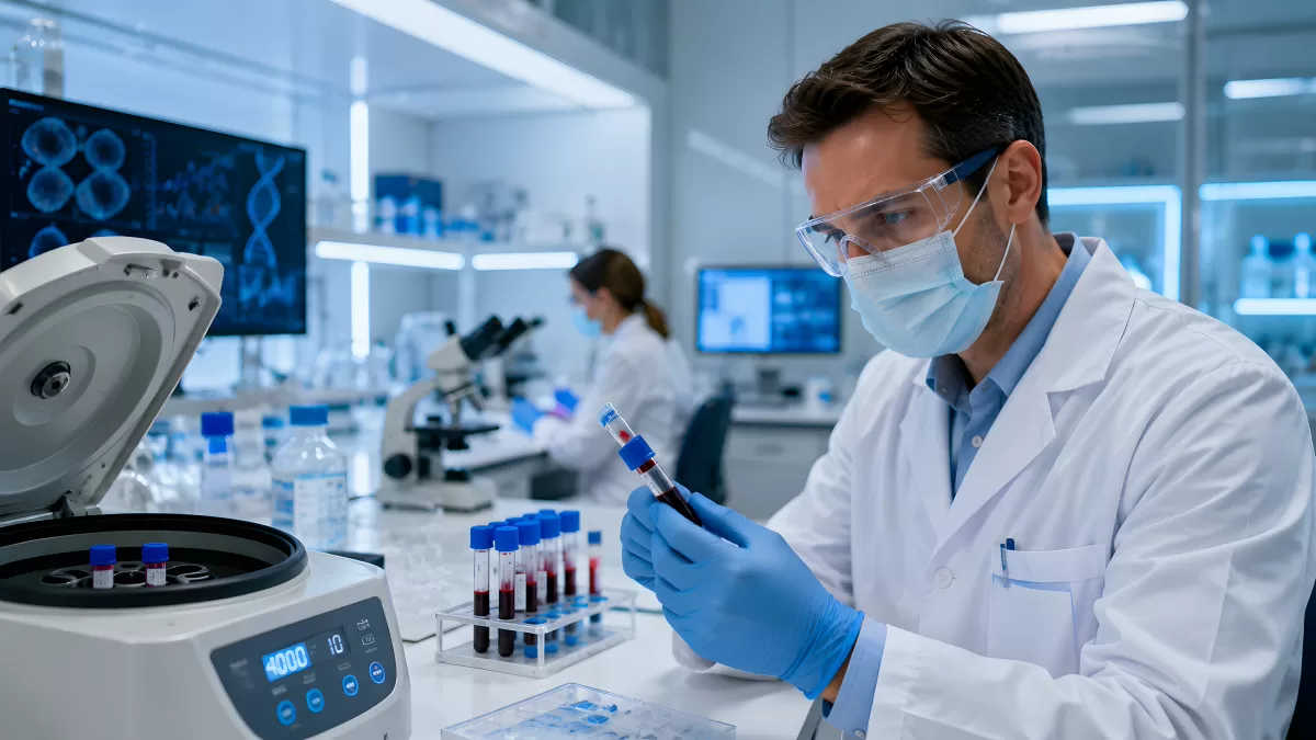 Laborant untersucht Blutproben neben Zentrifuge