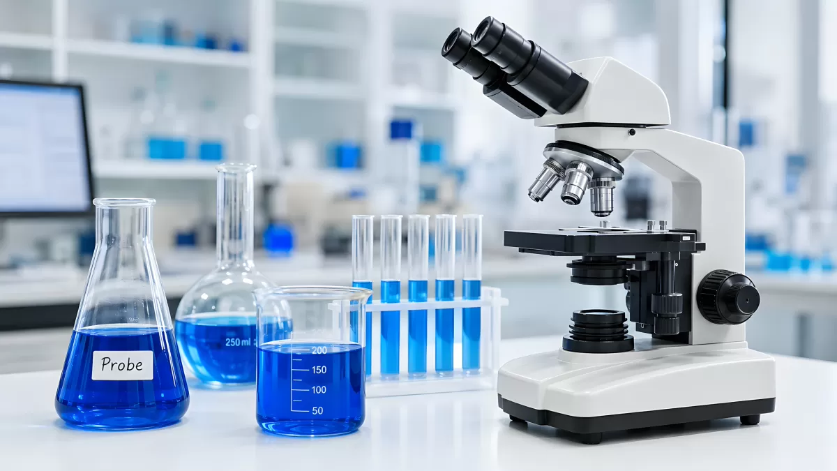 Laborausstattung mit Mikroskop und blauen Reagenzgläsern