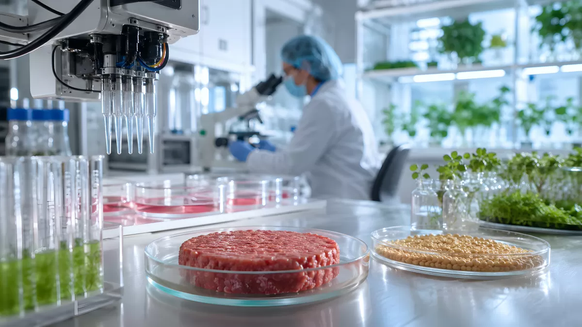 Laborfleisch in Petrischale neben Sojabohnen und Mikrogrün