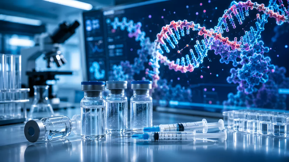 Laborszene mit DNA-Visualisierung und Medikamentenfläschchen