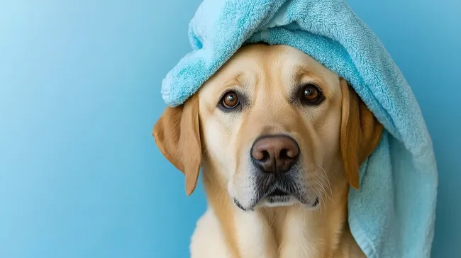 Labrador mit Handtuch auf dem Kopf und treuen Blick