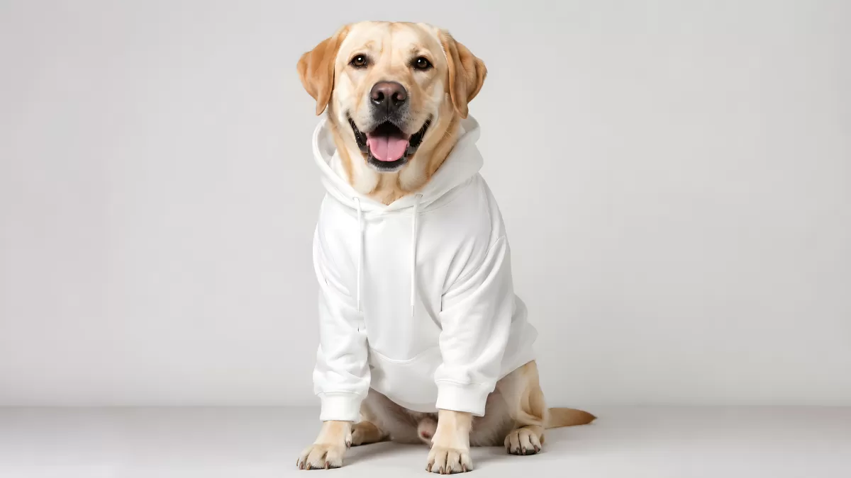 Labrador Retriever im weißen Hoodie sitzt und lächelt